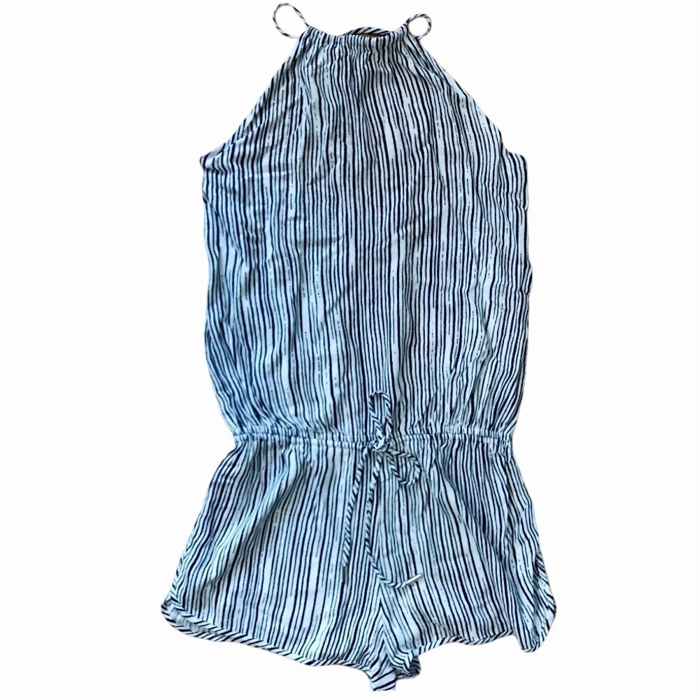 Lulu’s Ivory Navy Blue Striped Halter Fortuitous Romper